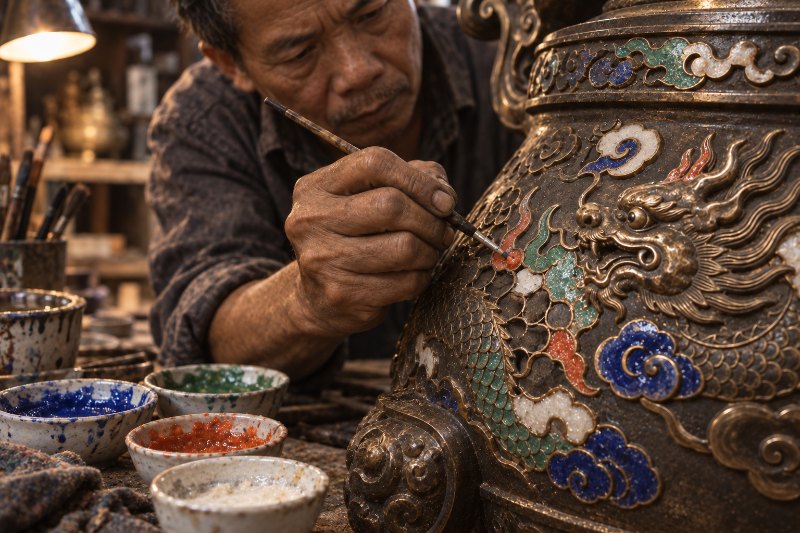 Nghệ nhân đắp men màu vào ô hoa văn trên cốt đồng