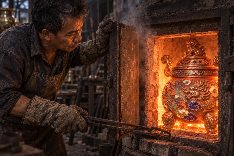 Đỉnh men pháp lam rực sáng trong lò nung