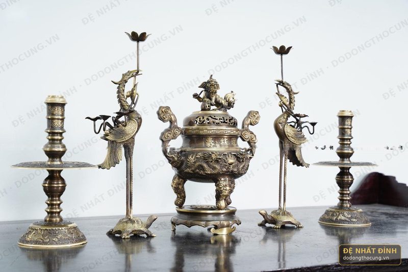 Bộ ngũ sự Song Long 40cm hun giả cổ