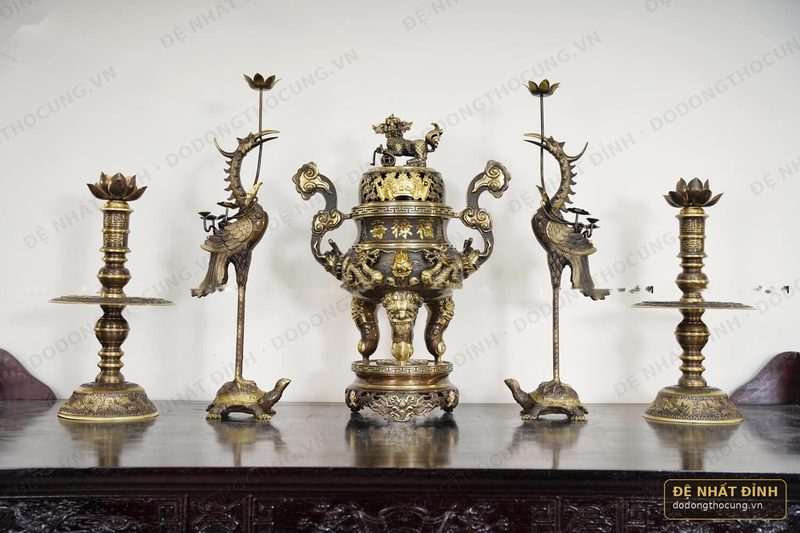 Bộ ngũ sự Song Long 65cm nắp cuốn thư 3 chữ Hán