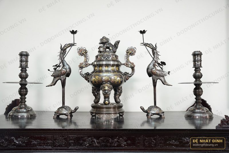 Bộ ngũ sự Song Long 65cm đồng đỏ khảm ngũ sắc