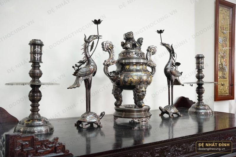 Bộ ngũ sự Song Long 65cm đồng đỏ khảm ngũ sắc — ảnh 3