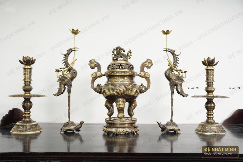 Bộ ngũ sự Song Long 65cm hun cổ 3 chữ Việt Phúc – Lộc – Thọ