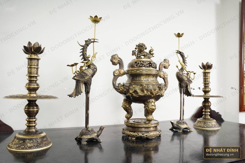 Bộ ngũ sự Song Long 65cm hun cổ 3 chữ Việt Phúc – Lộc – Thọ — ảnh 3