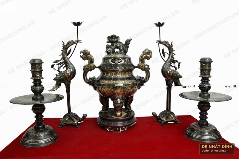 Bộ ngũ sự Song Long 65cm khảm ngũ sắc