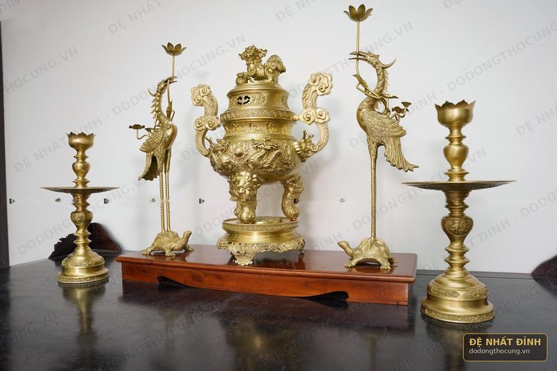 Bộ ngũ sự Song Long 65cm nắp Thọ nến kỹ màu mộc — ảnh 3