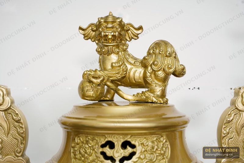Bộ ngũ sự Song Long 65cm nắp Thọ nến kỹ màu mộc — ảnh 4