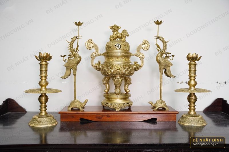 Bộ ngũ sự 68cm tứ linh Phụng Gia Tiên mộc cát tút