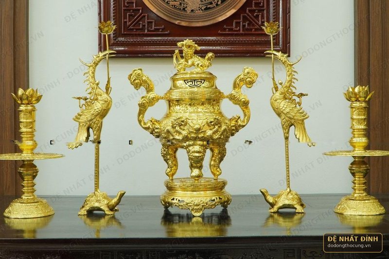 Bộ ngũ sự Song Long nắp Thọ 66cm dát vàng toàn bộ — ảnh 3