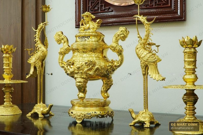 Bộ ngũ sự Song Long nắp Thọ 66cm dát vàng toàn bộ — ảnh 4