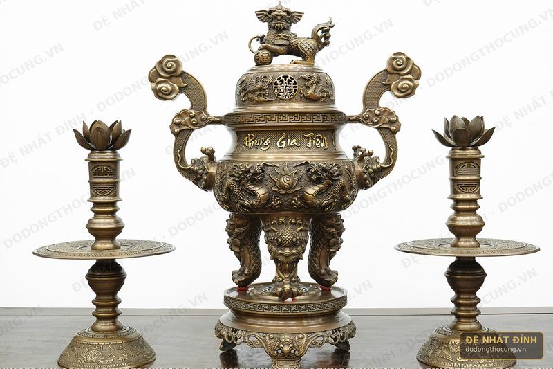 Bộ tam sự nến tứ linh Phụng Gia Tiên hun nâu