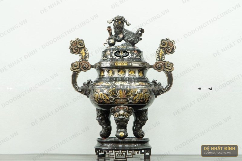 Đỉnh rồng 75cm đồng đỏ khảm ngũ sắc