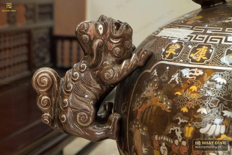 Đỉnh Thất Lân vờn cầu 90cm đồng đỏ khảm ngũ sắc — ảnh 3