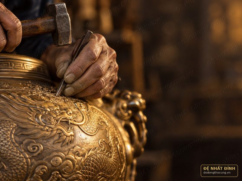 Thợ Đệ Nhất Đỉnh chạm tay hoa văn rồng trên thân đỉnh đồng tại xưởng Đồng Quỹ