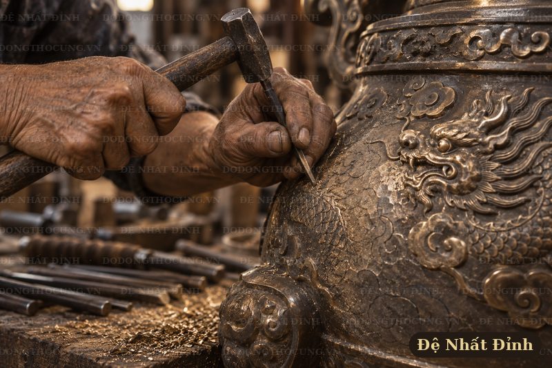 Thợ chạm hoa văn rồng trên thân đỉnh