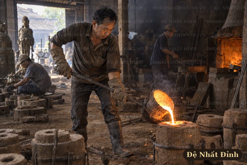 Rót đồng nóng chảy vào khuôn đất