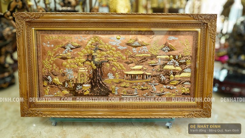 Cội nguồn quê hương nền đồng đỏ, khung gỗ lim màu sáng