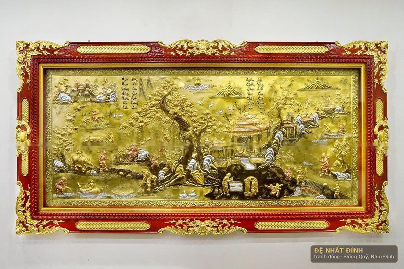 Tranh đồng quê dát vàng, khung gỗ đục chạm thếp vàng