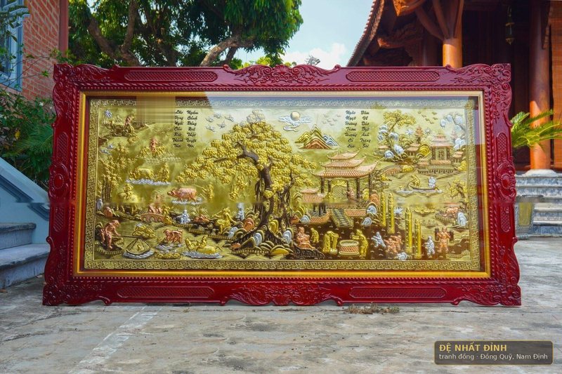 Tranh đồng quê dát vàng, khung gỗ sơn đỏ hoa văn — ảnh 4