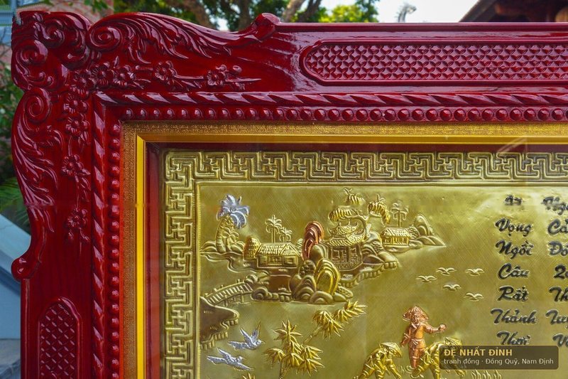 Tranh đồng quê dát vàng, khung gỗ sơn đỏ hoa văn — ảnh 5