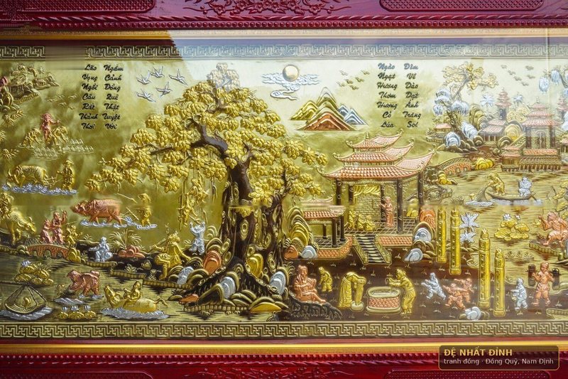 Tranh đồng quê dát vàng, khung gỗ sơn đỏ hoa văn — ảnh 6