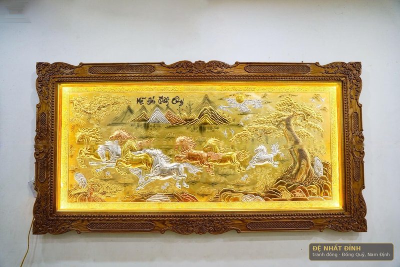 Tranh đồng Mã đáo thành công khảm tam khí khung gỗ sồi Nga treo phòng khách