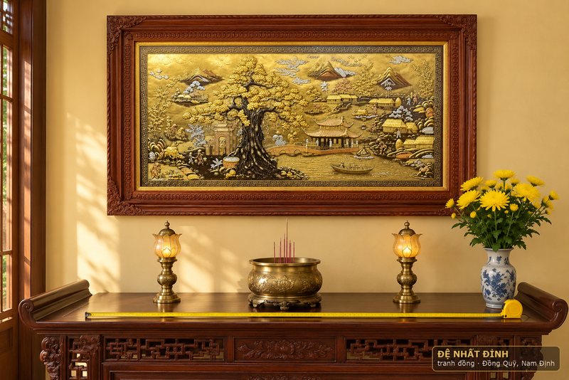 Ảnh minh hoạ: tranh đồng chạm nổi khung gỗ treo cân giữa phía trên bàn thờ gỗ dài, thước dây vắt ngang mặt bàn.