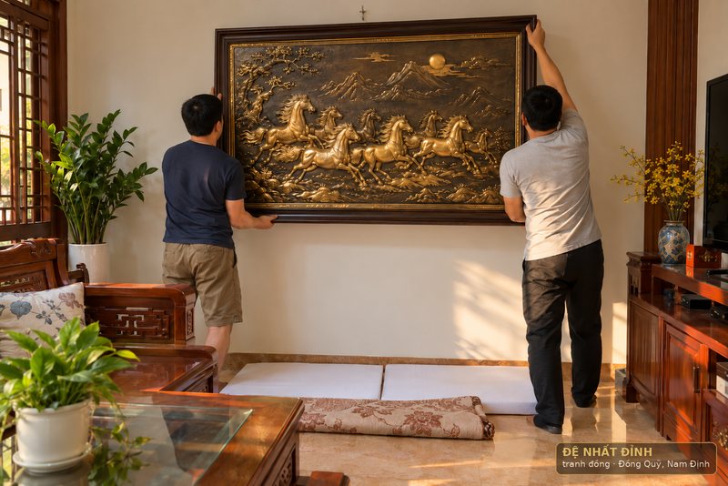 Ảnh minh hoạ: hai người nâng bức tranh đồng khung gỗ khỏi móc tường, một người đỡ cạnh dưới, một người giữ cạnh trên, tranh luôn được nâng thẳng lên trước khi nghiêng.