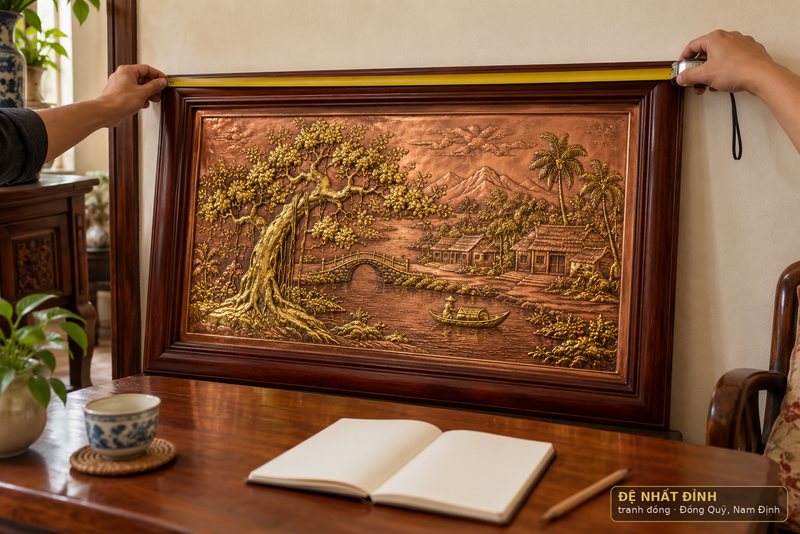 Ảnh minh hoạ: đo cạnh khung tranh đồng bằng thước dây trước khi nhắn số đo cho xưởng