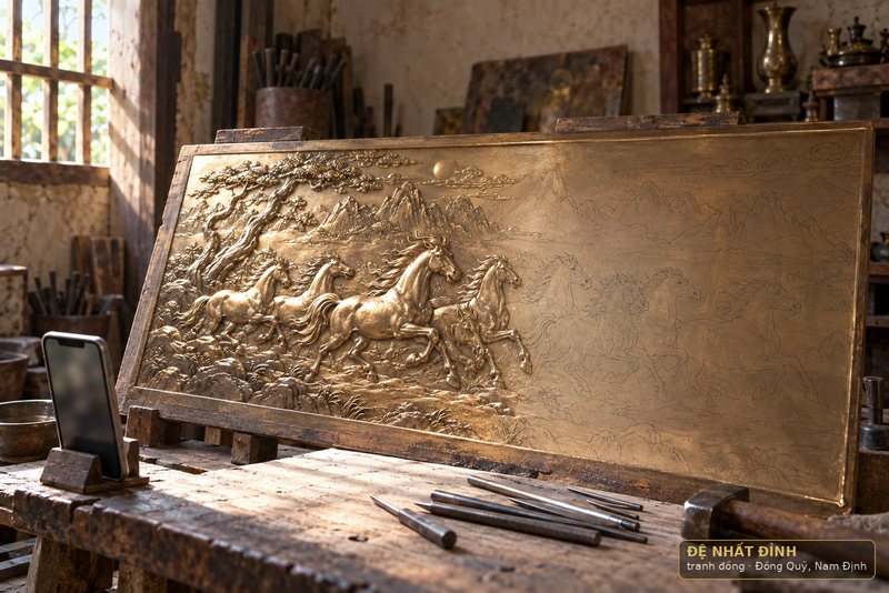 Ảnh minh hoạ: tấm đồng đang chạm dở trên kệ gỗ tại xưởng, điện thoại dựng nghiêng chụp lại tiến độ để gửi cho khách ở xa
