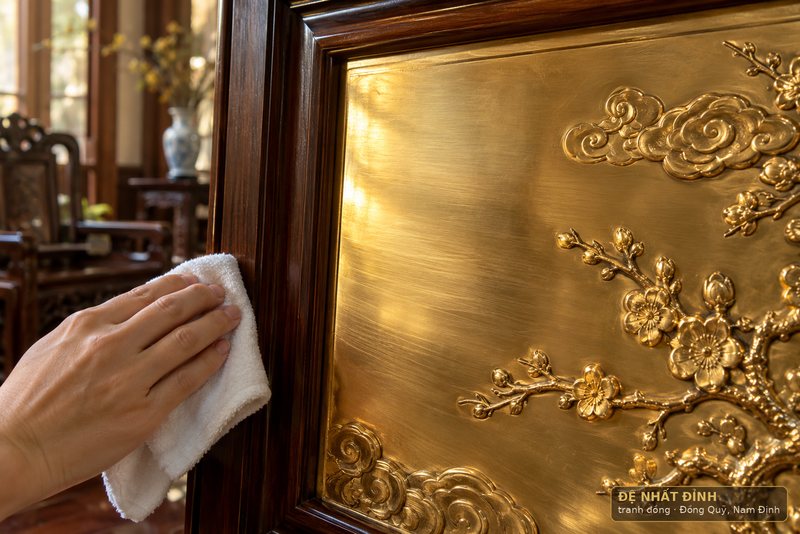 Ảnh minh hoạ: mảng nền trơn của tranh đồng dát vàng dưới ánh sáng xiên, thấy vệt đánh bóng rất mảnh chạy cùng một hướng.