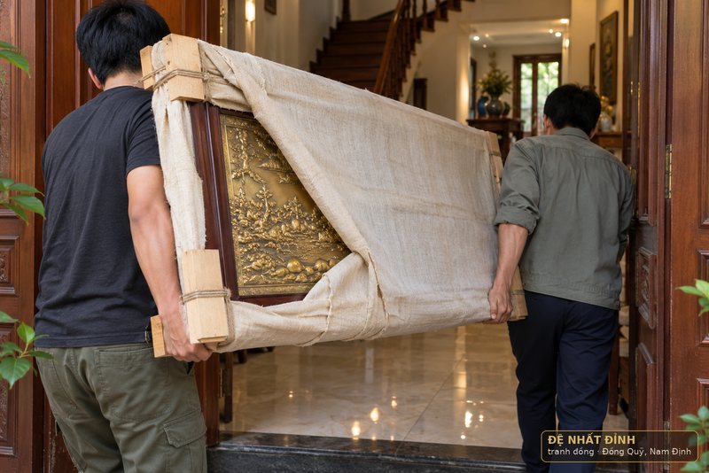 Ảnh minh hoạ: kiện tranh đồng khổ lớn bọc vải được khiêng nghiêng qua khuôn cửa nhà