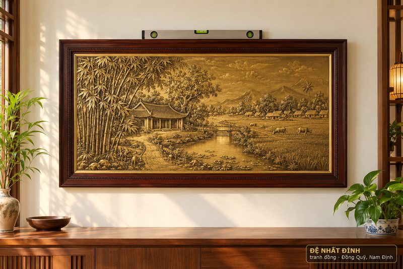 Ảnh minh hoạ: đặt thước nivô lên cạnh trên khung để biết tranh đồng lệch bao nhiêu