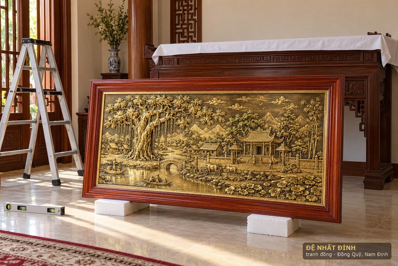 Ảnh minh hoạ: gian thờ đã phủ vải, tranh đồng khung gỗ hương dựng trên khối kê xốp chờ thợ lắp.