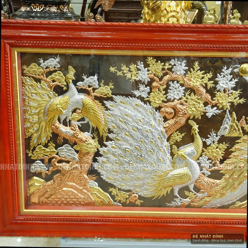 Ngọc đường phú quý chim công dát vàng, khung gỗ sơn đỏ — ảnh 3