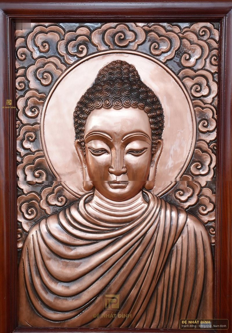 Tranh Phật đồng đỏ chạm nổi, khung gỗ — ảnh 2
