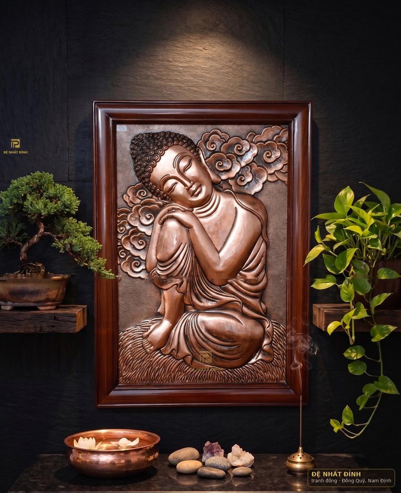 Tranh Phật đồng đỏ chạm nổi, khung gỗ — ảnh 3