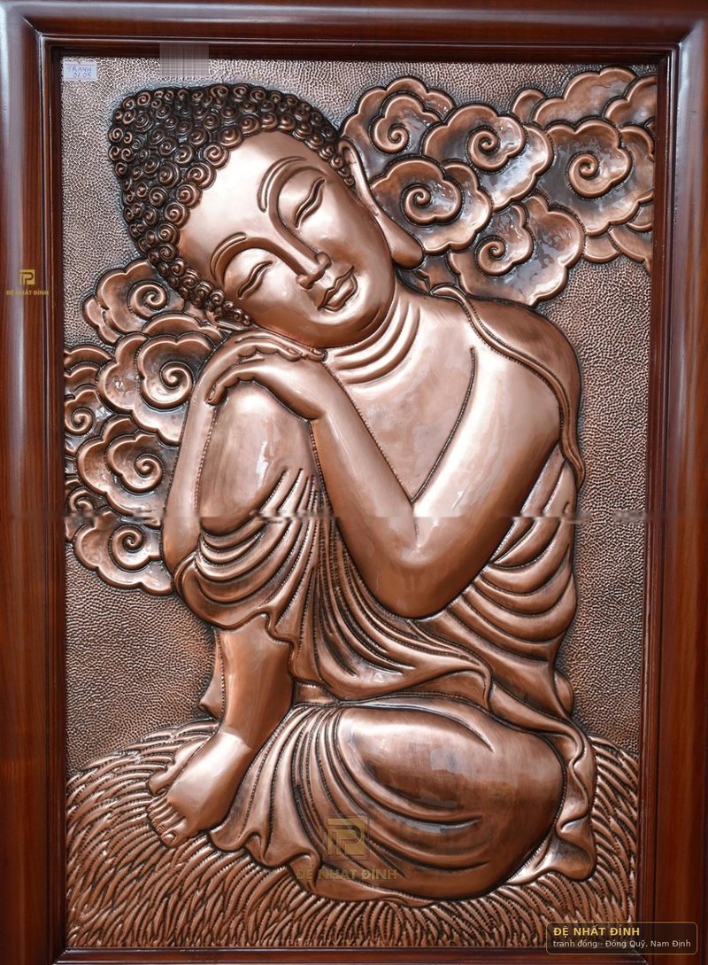 Tranh Phật đồng đỏ chạm nổi, khung gỗ — ảnh 4