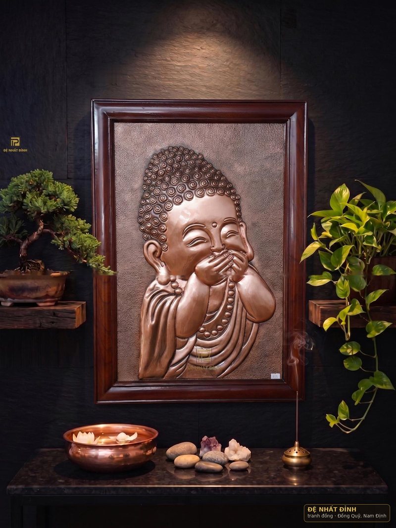 Tranh Phật đồng đỏ chạm nổi, khung gỗ — ảnh 5