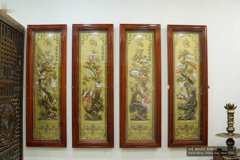 Bộ Tứ quý khung gỗ hương, treo cạnh gian thờ — ảnh 3